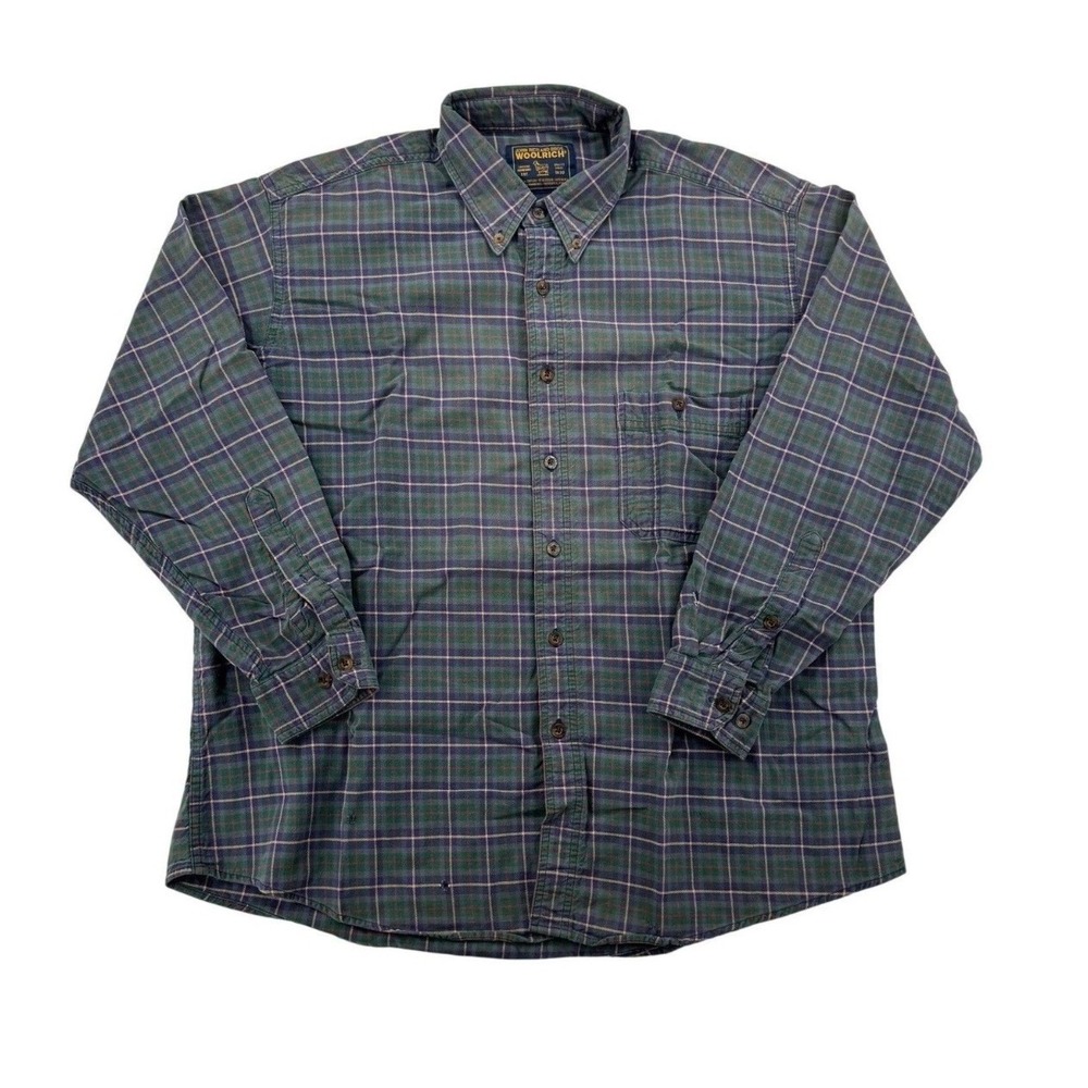 Woolrich Plaid Shirt Mens XL Green Blue Flannel Button Down Fair Outdoor Pockets